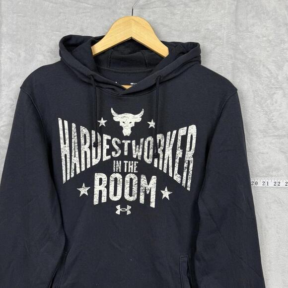 Under Armour Project Rock Hoodie Size Medium Black Hardest Worker Bull Logo Gym - Picture 2 of 9